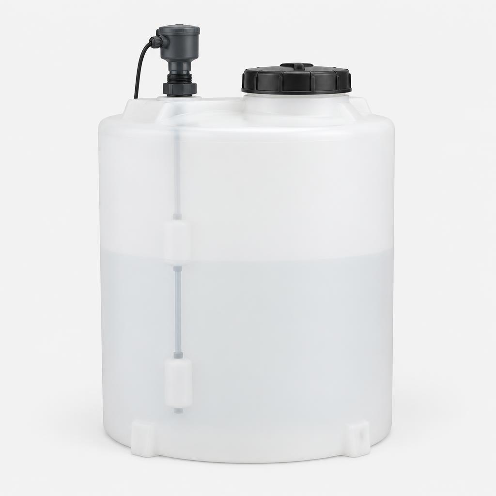 Chemical storage tank + level switch — illustrative product image