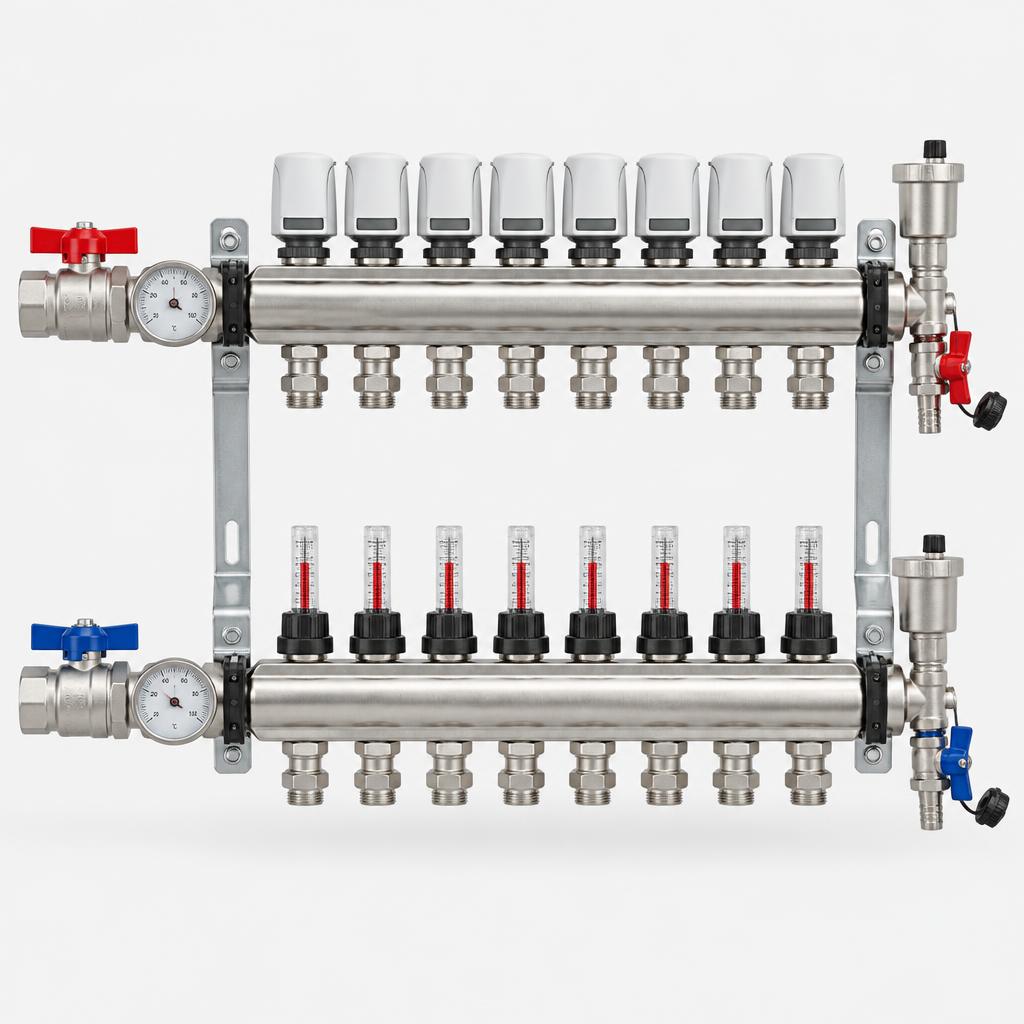 Hydronic heating manifold 6-12 circuits — illustrative product image