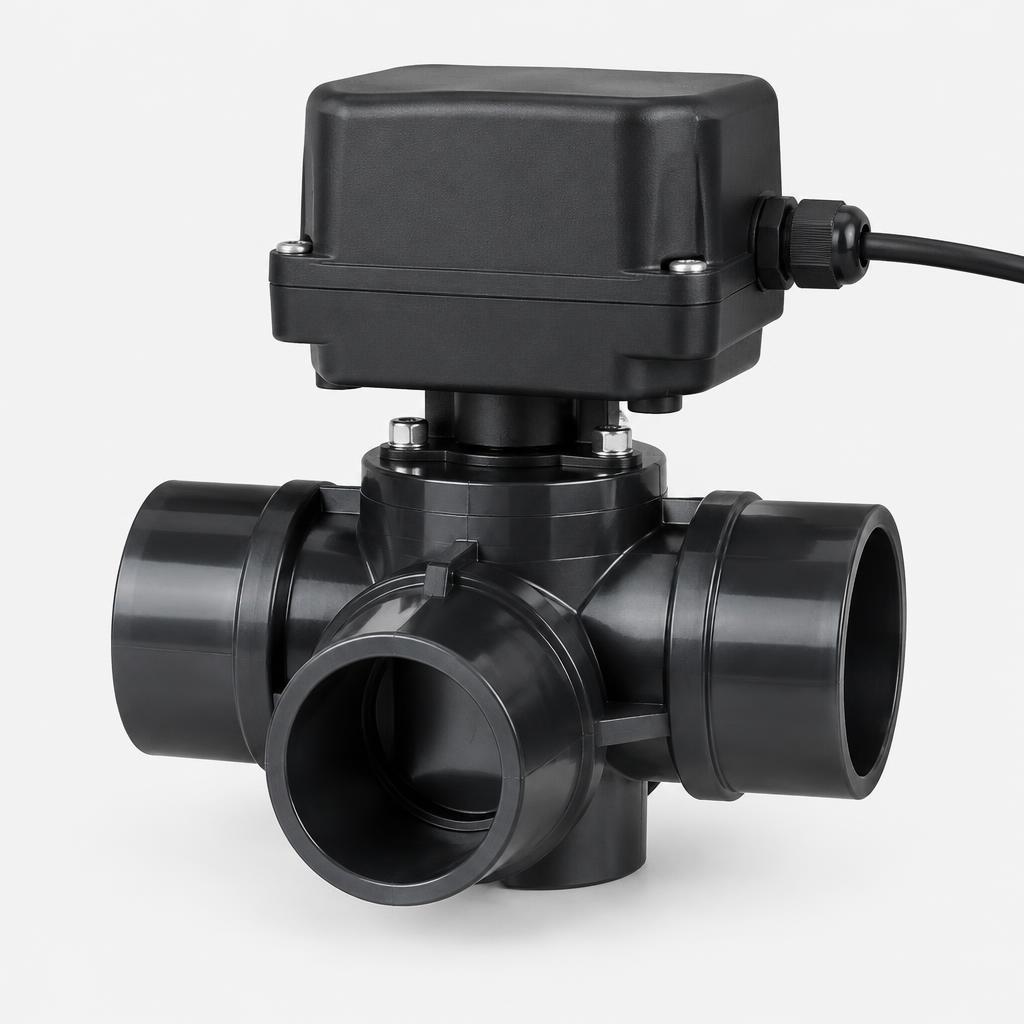 Motorized 3-way pool heating valve — illustrative product image