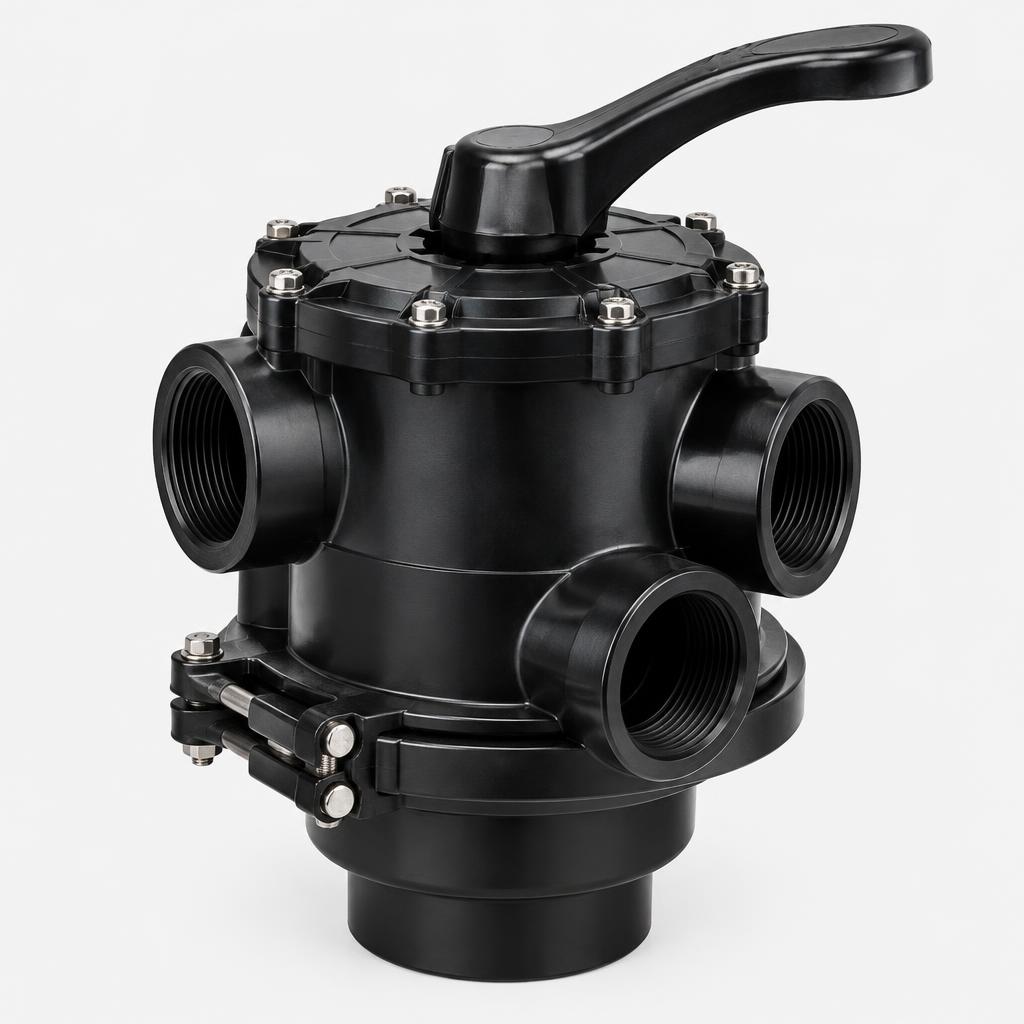 6-way side-mount multiport valve — illustrative product image